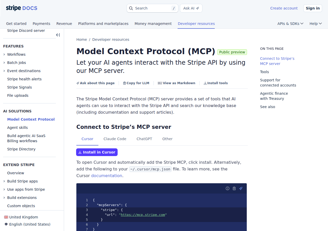 Stripe's official MCP server documentation — docs.stripe.com/mcp, remote hosted at mcp.stripe.com