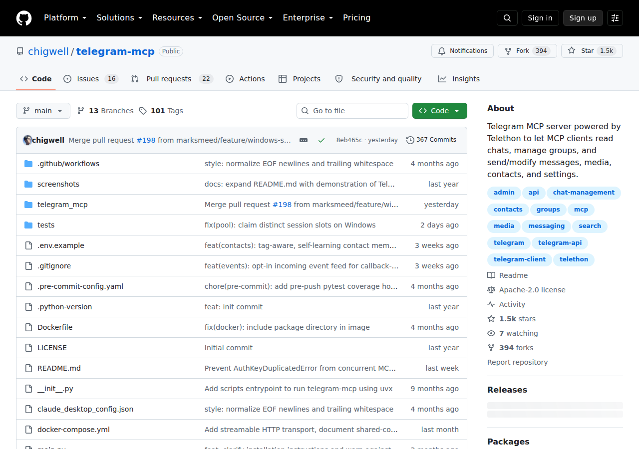 The chigwell/telegram-mcp repository — the leading MTProto-based Telegram MCP server