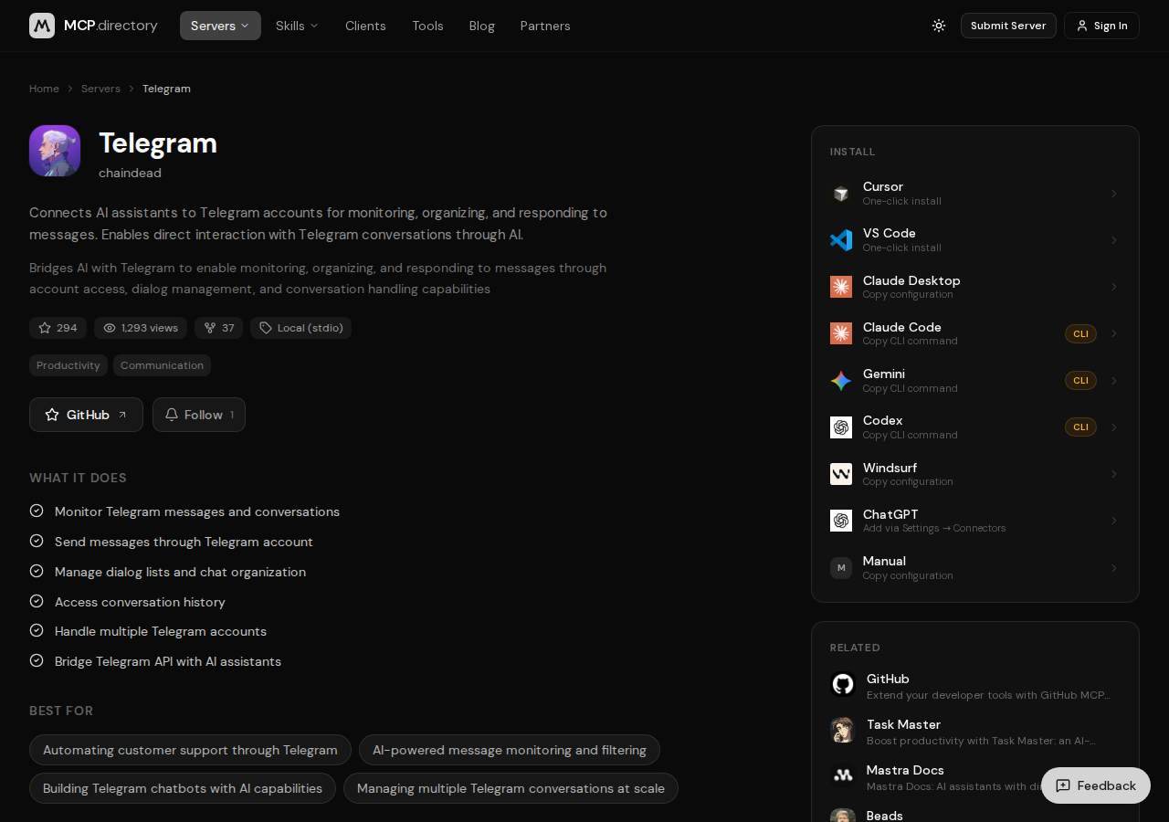 The Telegram listing on MCP Directory showing client install options