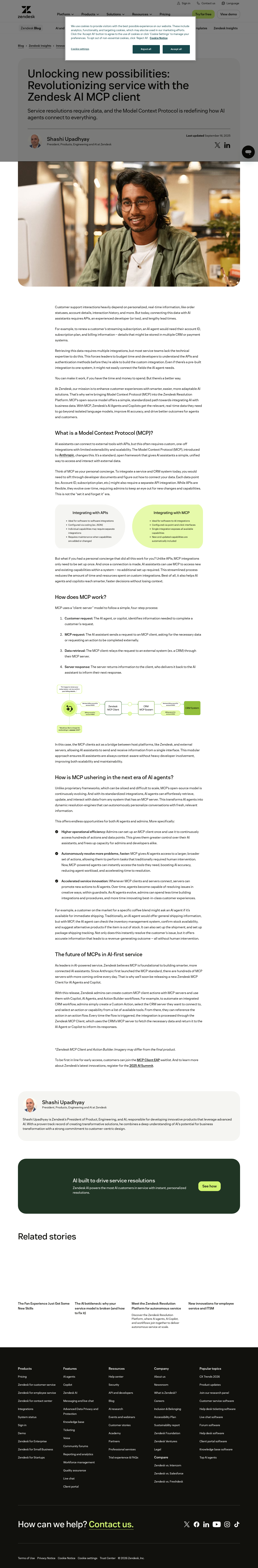Zendesk's MCP strategy announcement — the Zendesk blog post detailing how MCP Client and MCP Server bridge Zendesk data to external AI systems